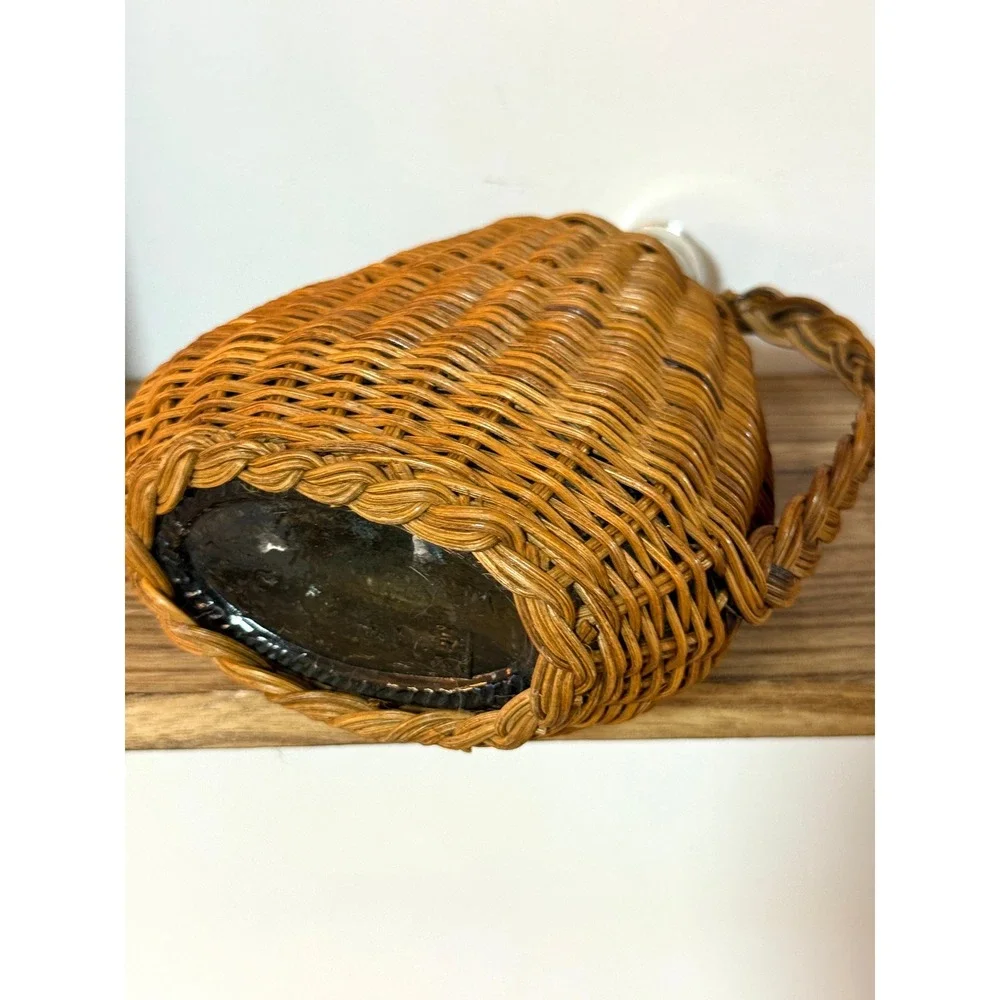 Vintage Wicker Wrapped Glass Demijohn Bottle Jug Vase Decanter Rustic Boho Decor
